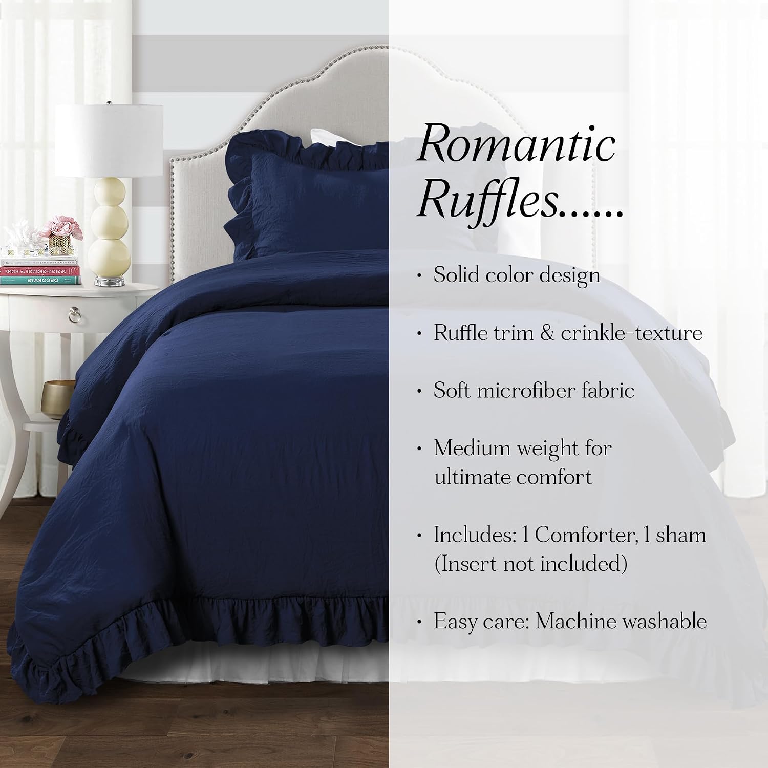 Lush Decor Reyna Ruffle Comforter Set - 2 Piece Cozy Ruffled Bedding Set - Timeless Elegance and Comfort for Dorm Room - Twin XL, Navy