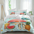 Summer Beach Duvet Cover Set Queen Size 4 Pieces Watermelon Pineapple Umbrella Polka Dot Blue Bedding Set with Zipper Closure, 1 Comforter Cover 92x106 Inches 1 Flat Sheet & 2 Pillow Cases