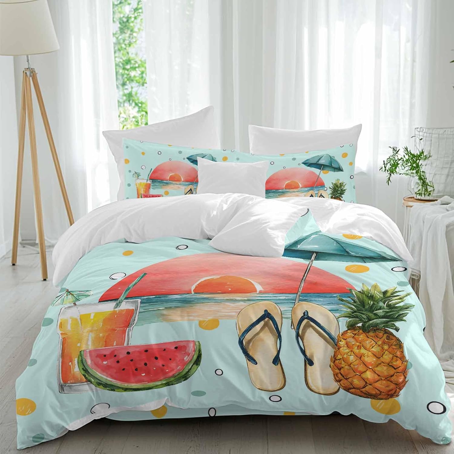 Summer Beach Duvet Cover Set Queen Size 4 Pieces Watermelon Pineapple Umbrella Polka Dot Blue Bedding Set with Zipper Closure, 1 Comforter Cover 92x106 Inches 1 Flat Sheet & 2 Pillow Cases