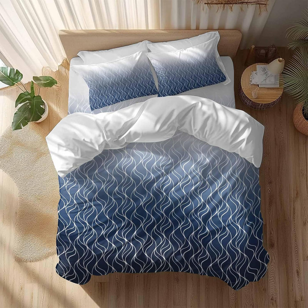 Prime Leader Gradient Navy Blue Duvet Cover Set Queen Size 4 Pieces Abstract Morocco Blue Curved Lines Bedding Set with Zipper Closure, 1 Comforter Cover 90x92 Inches 1 Flat Sheet & 2 Pillow Cases