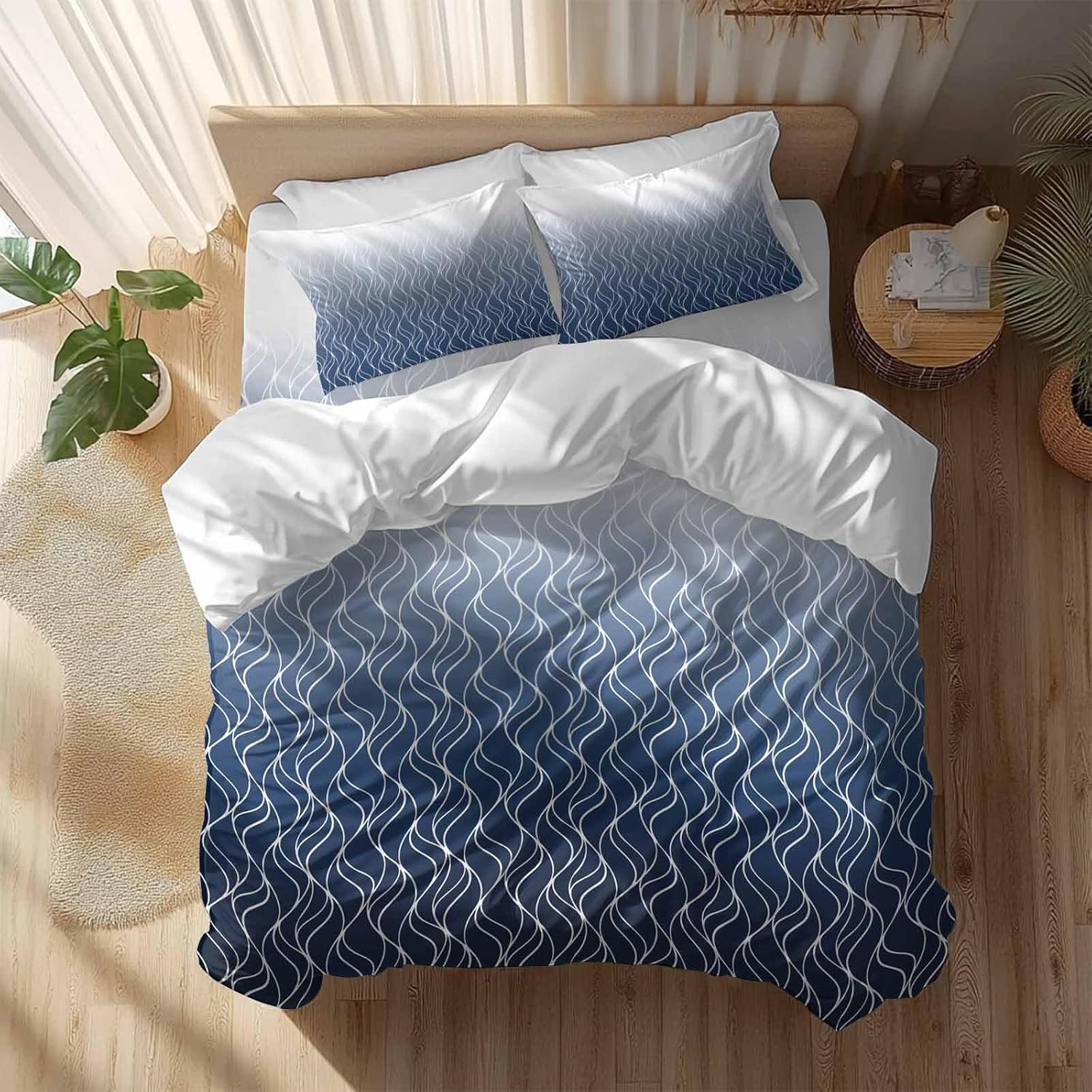 Prime Leader Gradient Navy Blue Duvet Cover Set Queen Size 4 Pieces Abstract Morocco Blue Curved Lines Bedding Set with Zipper Closure, 1 Comforter Cover 90x92 Inches 1 Flat Sheet & 2 Pillow Cases