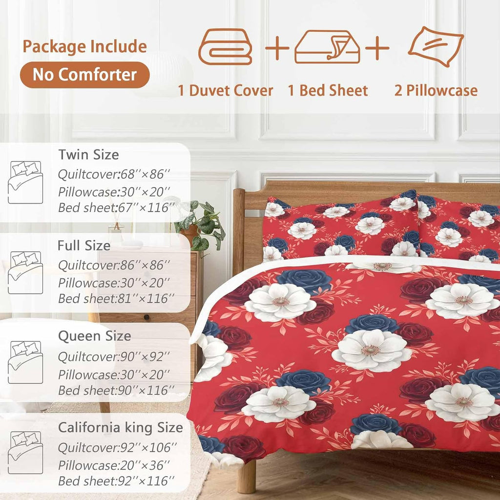 Prime Leader Independence Day Duvet Cover Set Queen Size 4 Pieces Red Blue White Roses Floral Leaf Red Bedding Set with Zipper Closure, 1 Comforter Cover 90x92 Inches 1 Flat Sheet & 2 Pillow Cases