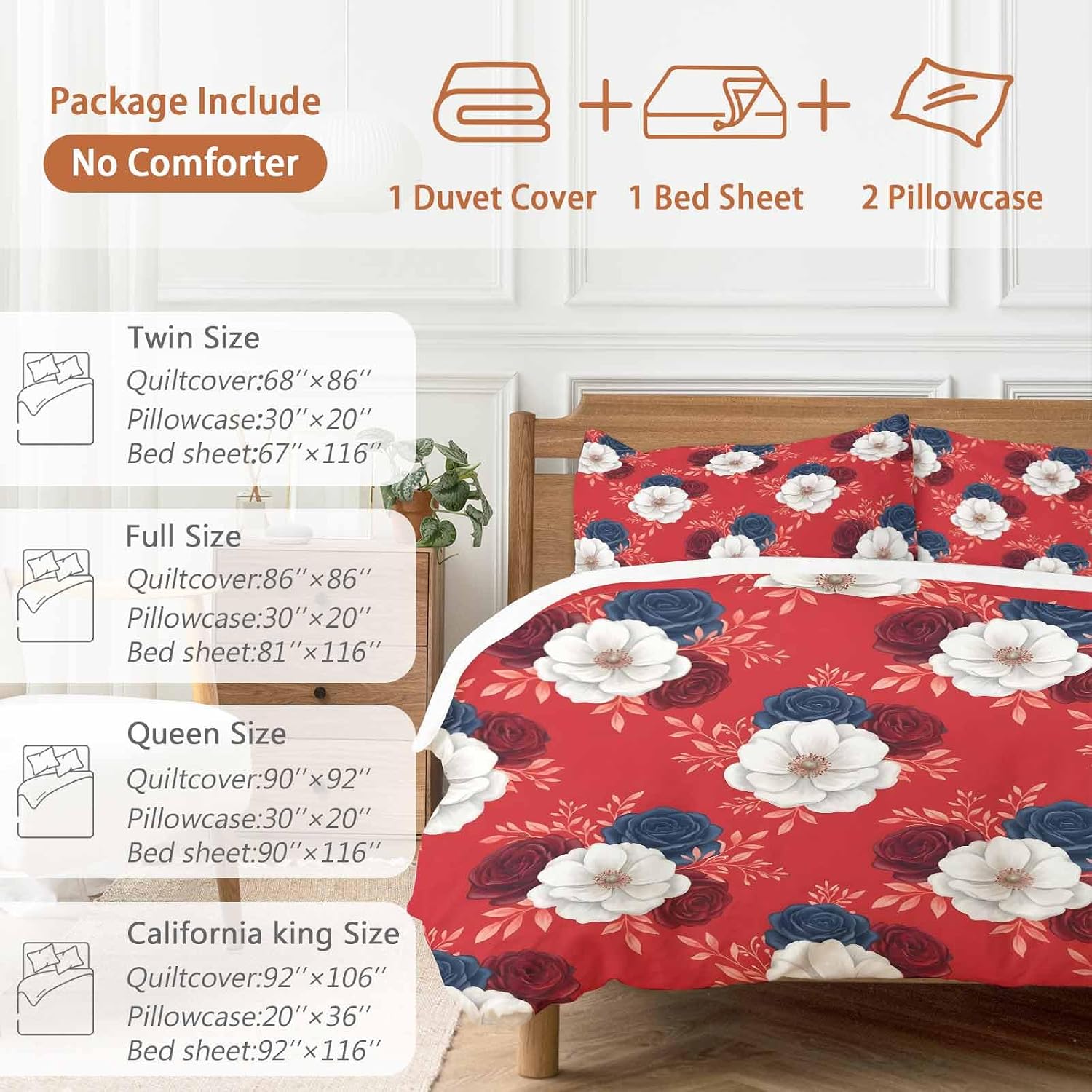 Prime Leader Independence Day Duvet Cover Set Queen Size 4 Pieces Red Blue White Roses Floral Leaf Red Bedding Set with Zipper Closure, 1 Comforter Cover 90x92 Inches 1 Flat Sheet & 2 Pillow Cases
