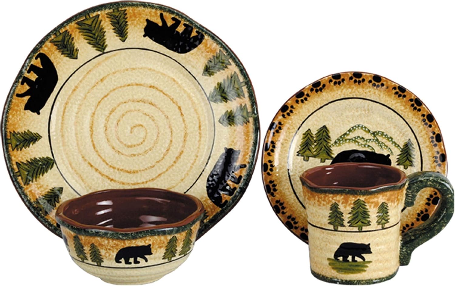 Paseo Road Rustic Bear 16 Piece Ceramic Dinnerware Set with Plates, Bowls and Mugs, Rustic Cabin Lodge Style