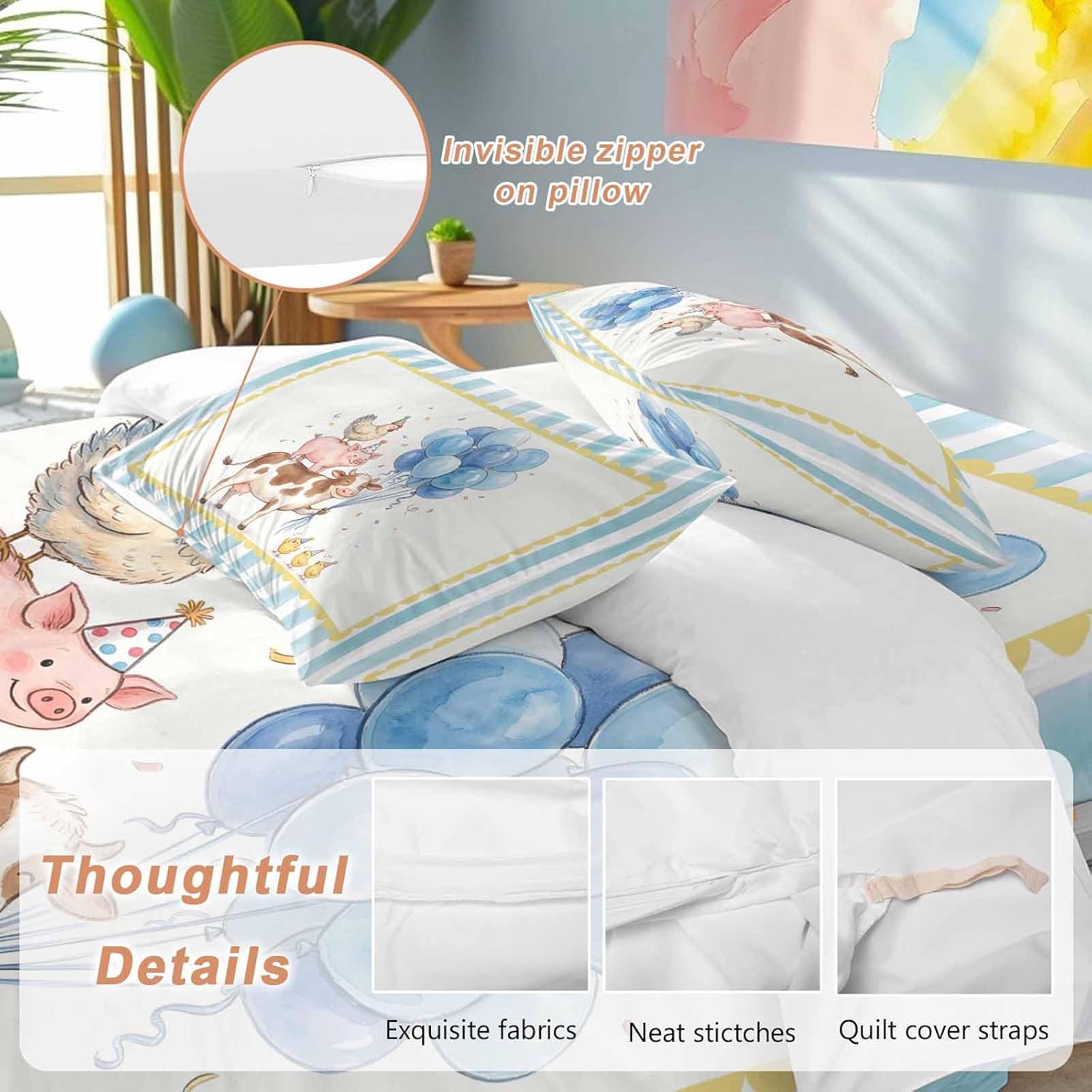 Pig Cow Duvet Cover Set Queen Size 4 Pieces Hen Chicks Blue Balloons Watercolor Animal Yellow Border Striped Bedding Set with Zipper Closure,1 Comforter Cover 90x92 Inches 1 Flat Sheet&2 Pillow Cases