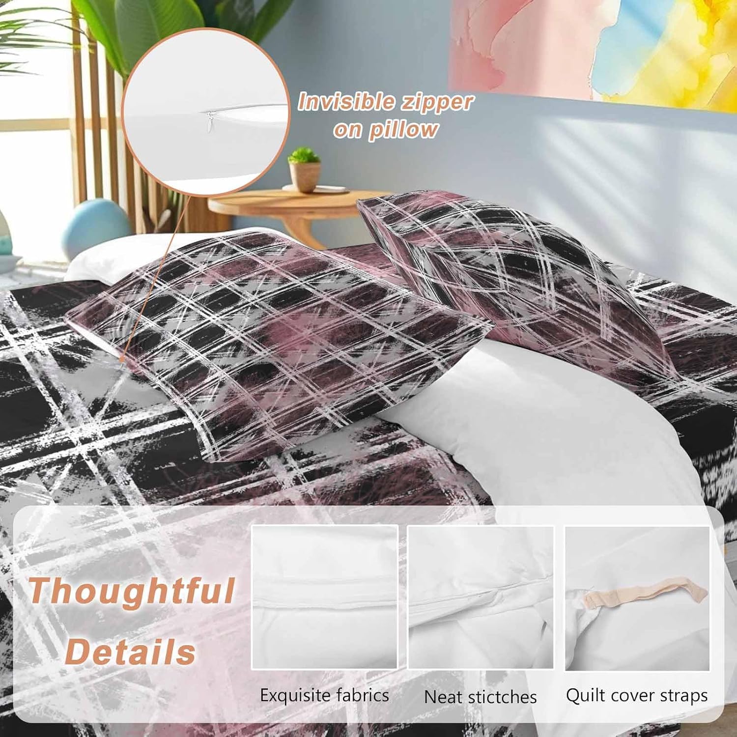 Tartan Duvet Cover Set Queen Size 4 Pieces Scottish Plaid Gray White Stripes Black Plaid Artistic Bedding Set with Zipper Closure, 1 Comforter Cover 92x106 Inches 1 Flat Sheet & 2 Pillow Cases