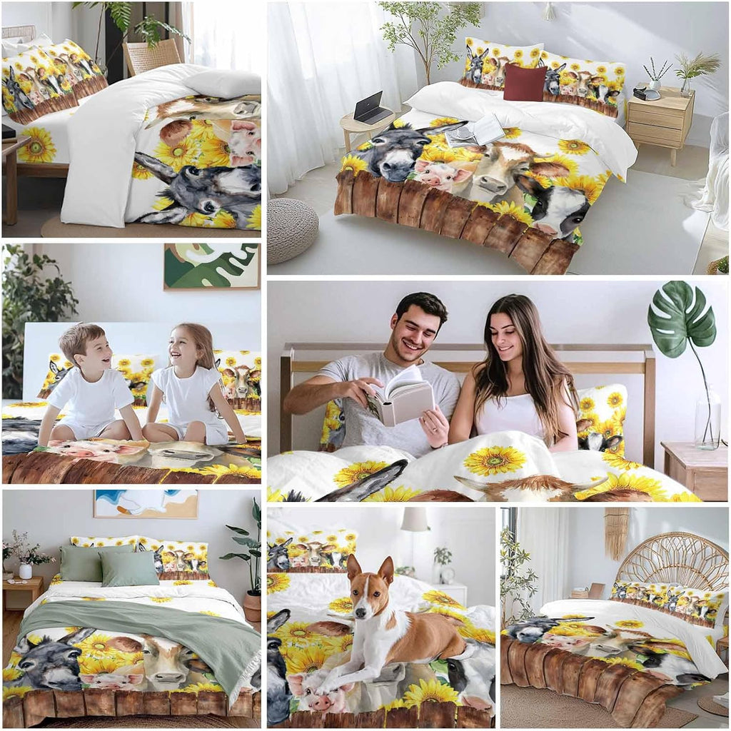 Farm Animal Duvet Cover Set Queen Size 4 Pieces Vintage Farmhouse Donkey Pig Cow Sunflower Leaf Wood Fence Bedding Set with Zipper Closure, 1 Comforter Cover 86x86 Inches 1 Flat Sheet & 2 Pillow Cases