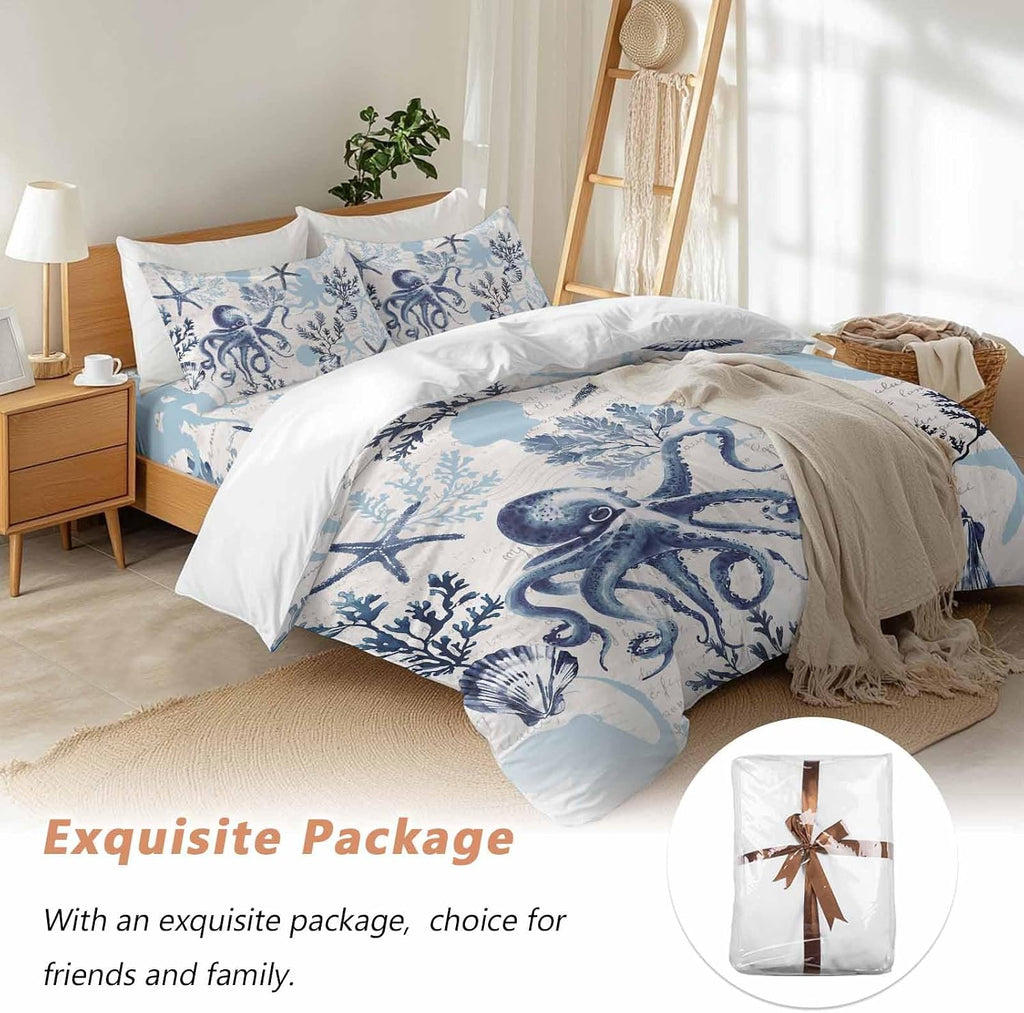 Summer Marine Life Duvet Cover Set Queen Size 4 Pieces Ocean Watercolor Octopus Starfish Coastal Vintage Bedding Set with Zipper Closure, 1 Comforter Cover 92x106 Inches 1 Flat Sheet & 2 Pillow Cases