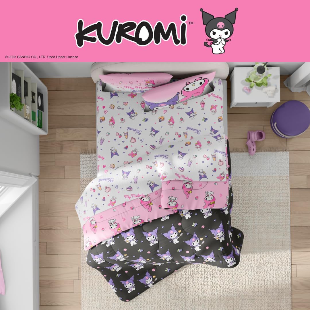 Sanrio Kuromi & My Melody Bedding 7 Piece Super Soft Cozy Reversible Comforter and Sheet Set with Sham, Queen, (100% Official Licensed Product) By Franco