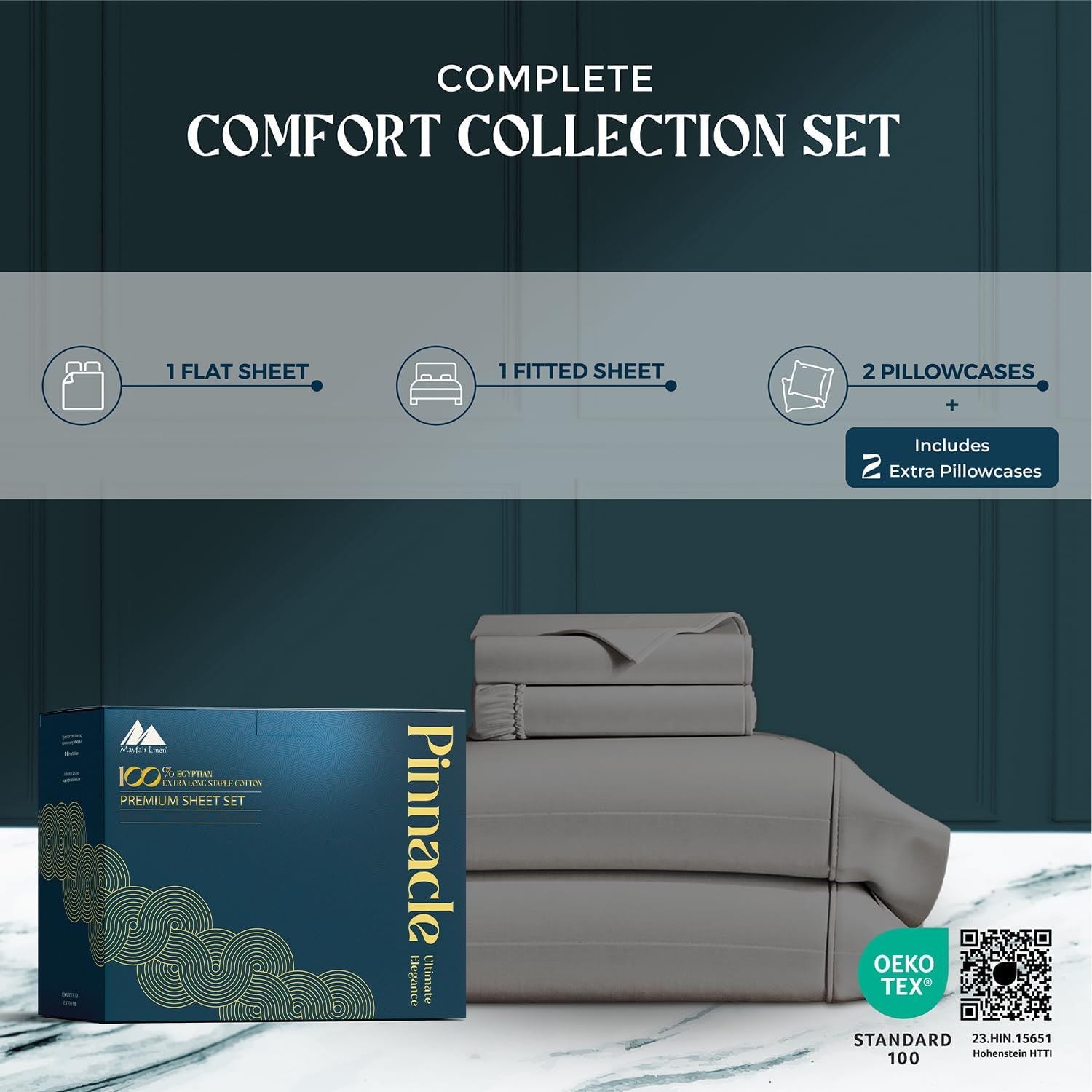 Mayfair Linen 100% Egyptian Cotton Sheets Queen Size - 1500 Series Queen Size Sheets Set Egyptian Cotton, Luxury Bedsheet (Dark Grey, 4 PC), Soft, Cooling, 17' Deep Pocket Sateen Weave Bedsheet Set