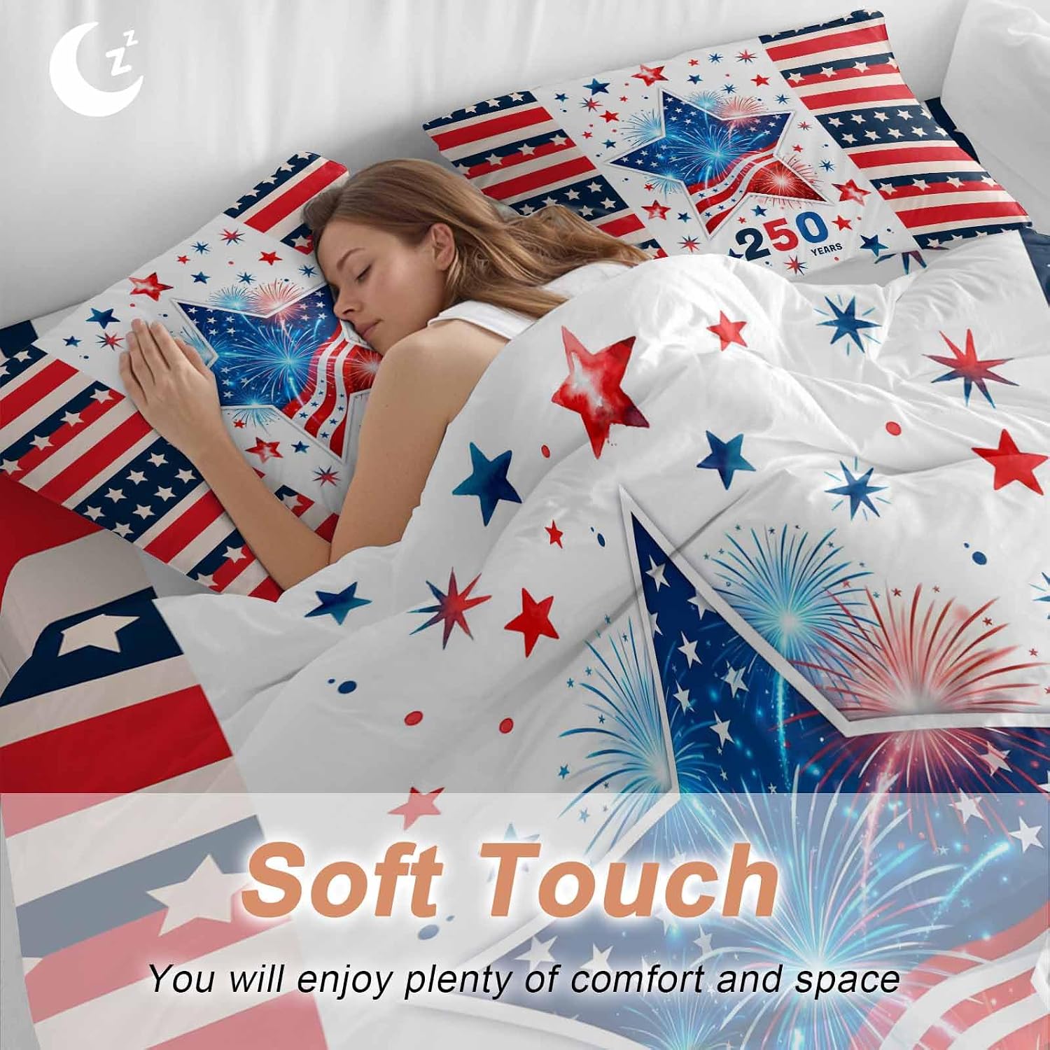 Independence Day Duvet Cover Set Queen Size 4 Pieces 250th Years US Flag Red Blue Star Fireworks Bedding Set with Zipper Closure, 1 Comforter Cover 92x106 Inches 1 Flat Sheet & 2 Pillow Cases