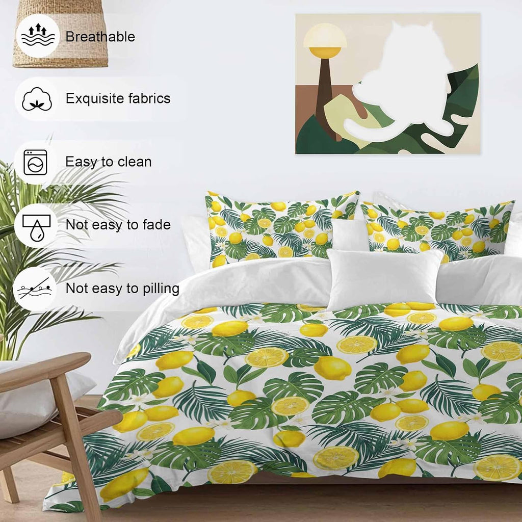 Prime Leader Lemon Leaf Duvet Cover Set Queen Size 4 Pieces Watercolor Lemon Floral Monstera Leaf Bedding Set with Zipper Closure, 1 Comforter Cover 86x86 Inches 1 Flat Sheet & 2 Pillow Cases