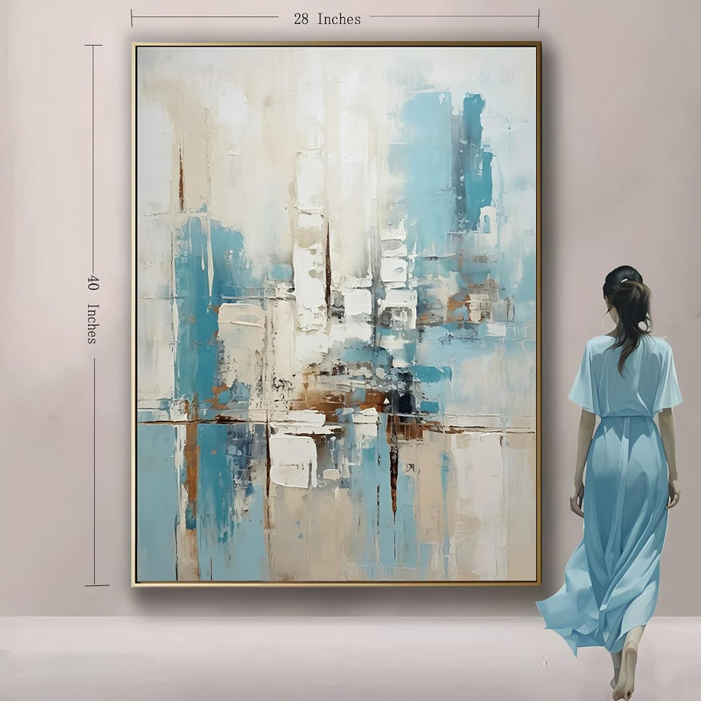 3D Textued Framed Abstract Canvas Wall Art for Office,Hand Painted Blue Abstract Oil Painting For Living Room, Large Textured Wall Decoration for Bedroom Home Décor 28x40 inches