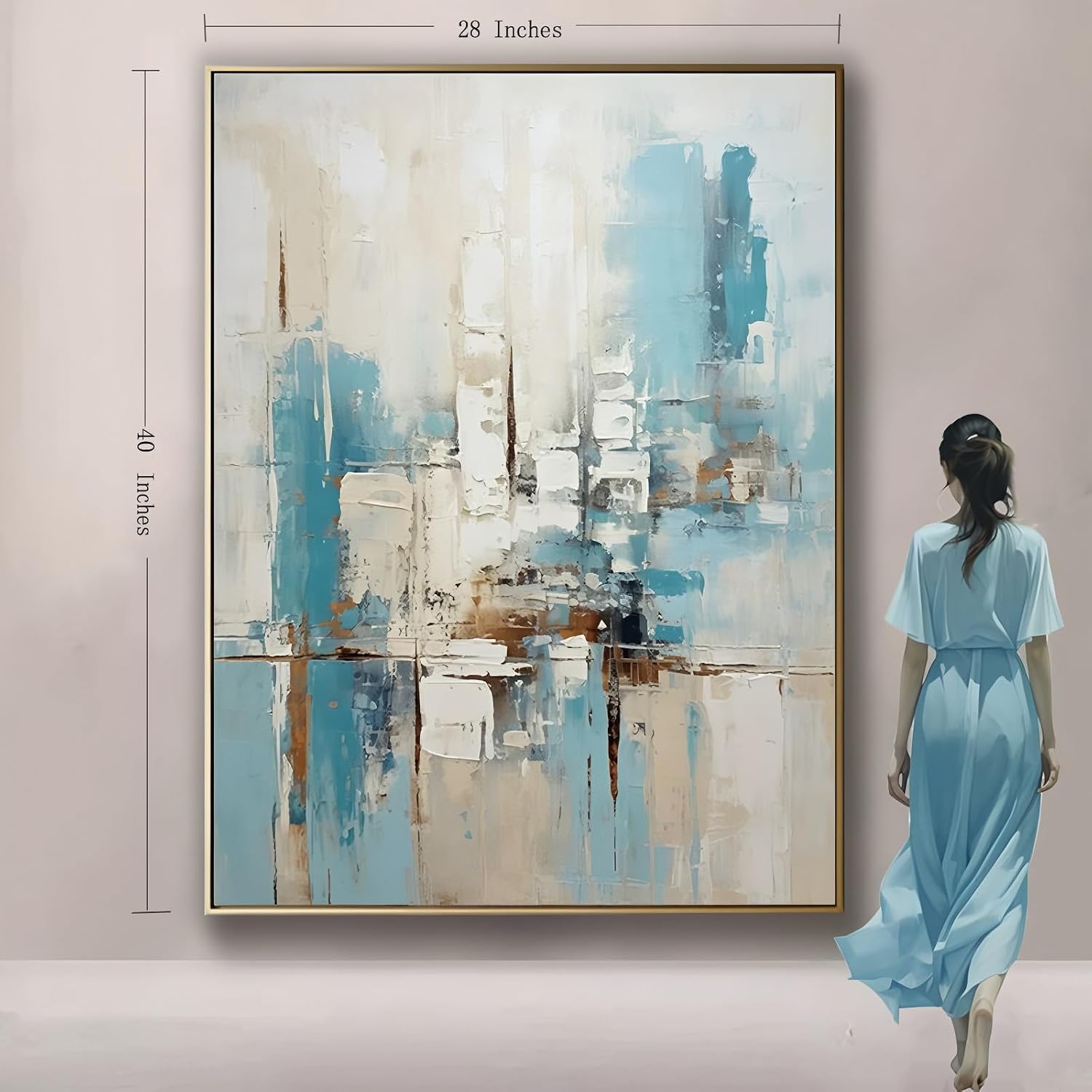 3D Textued Framed Abstract Canvas Wall Art for Office,Hand Painted Blue Abstract Oil Painting For Living Room, Large Textured Wall Decoration for Bedroom Home Décor 28x40 inches