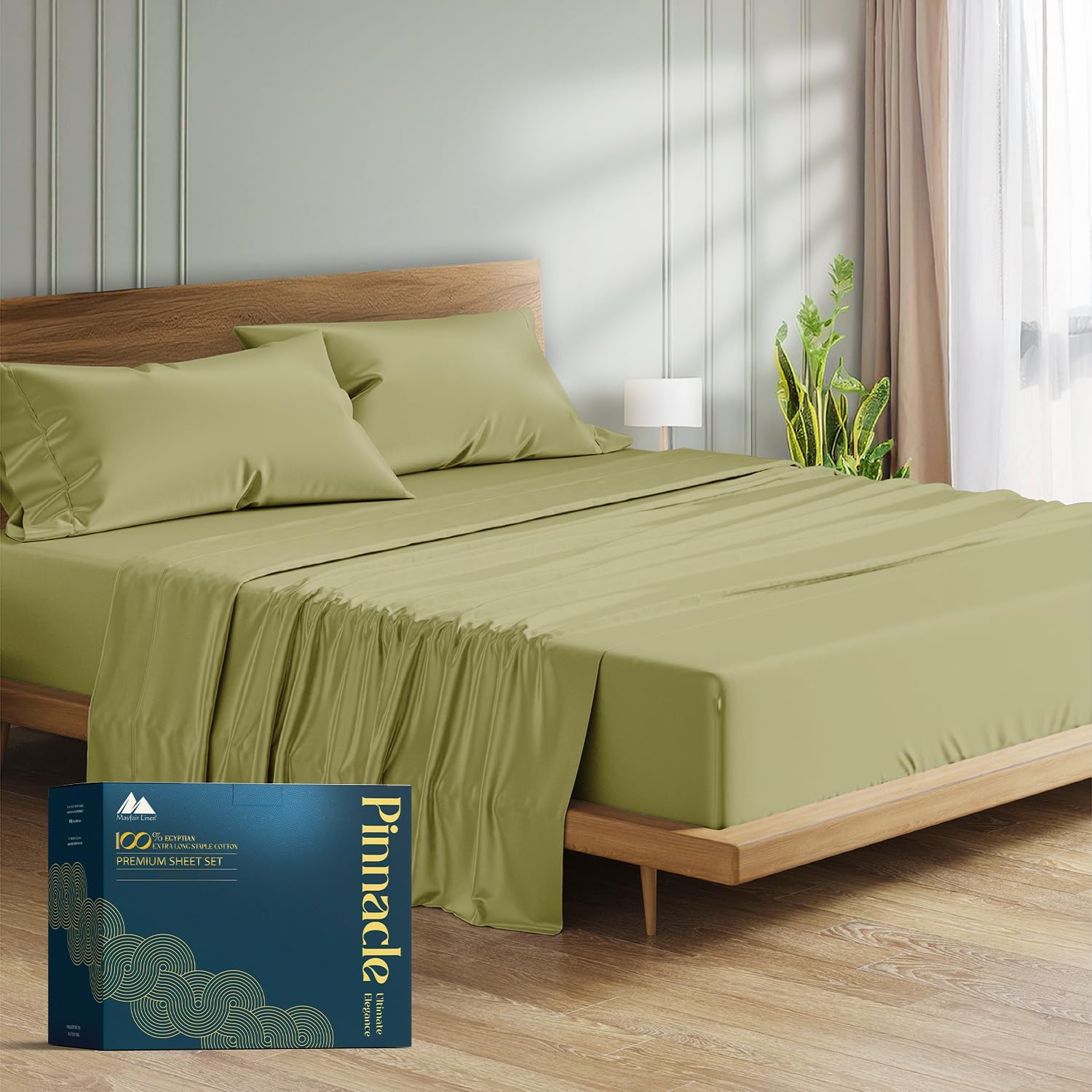 Mayfair Linen 100% Egyptian Cotton Sheets King Size - 1500 Series King Size Sheets Set Egyptian Cotton, Luxury Bedsheet (Sage Green, 4 PC), Soft, Cooling, 17' Deep Pocket Sateen Weave Bedsheet Set