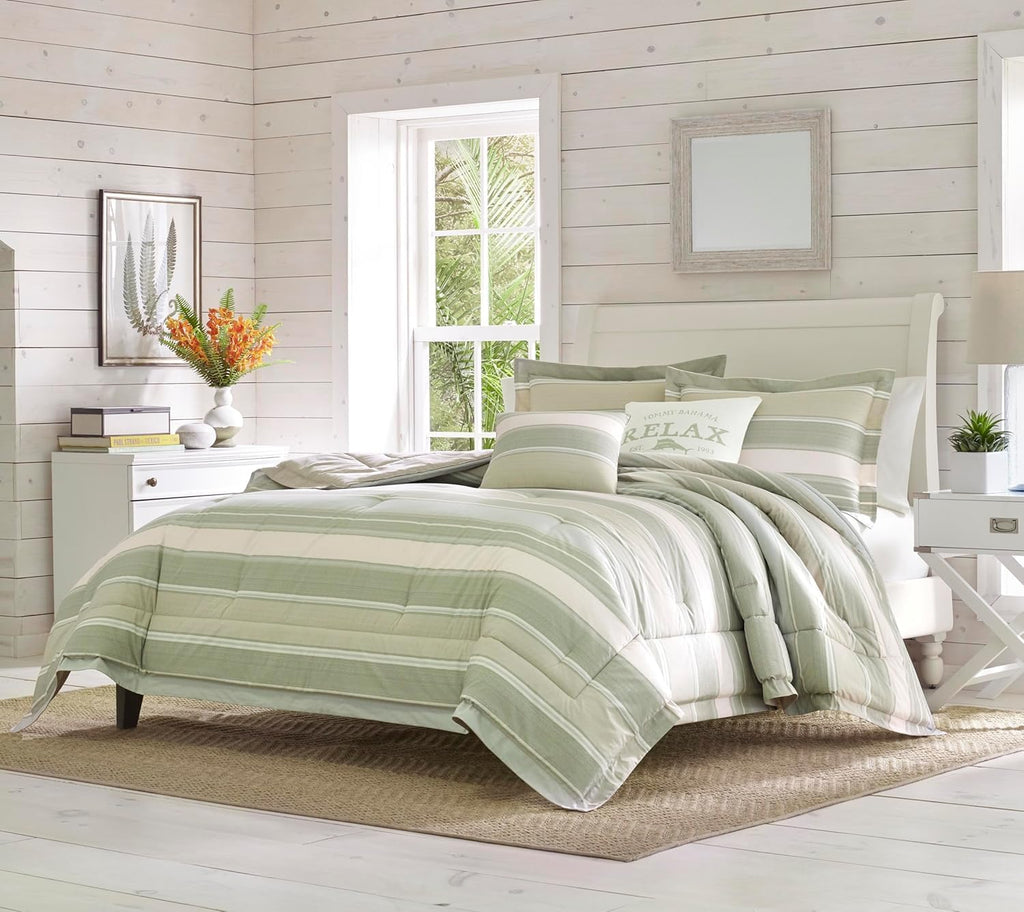 Tommy Bahama - King Comforter Set, Reversible Cotton Bedding with Matching Shams & Bonus Throw Pillows, Super Soft Bedding Set (Serenity Green, King)