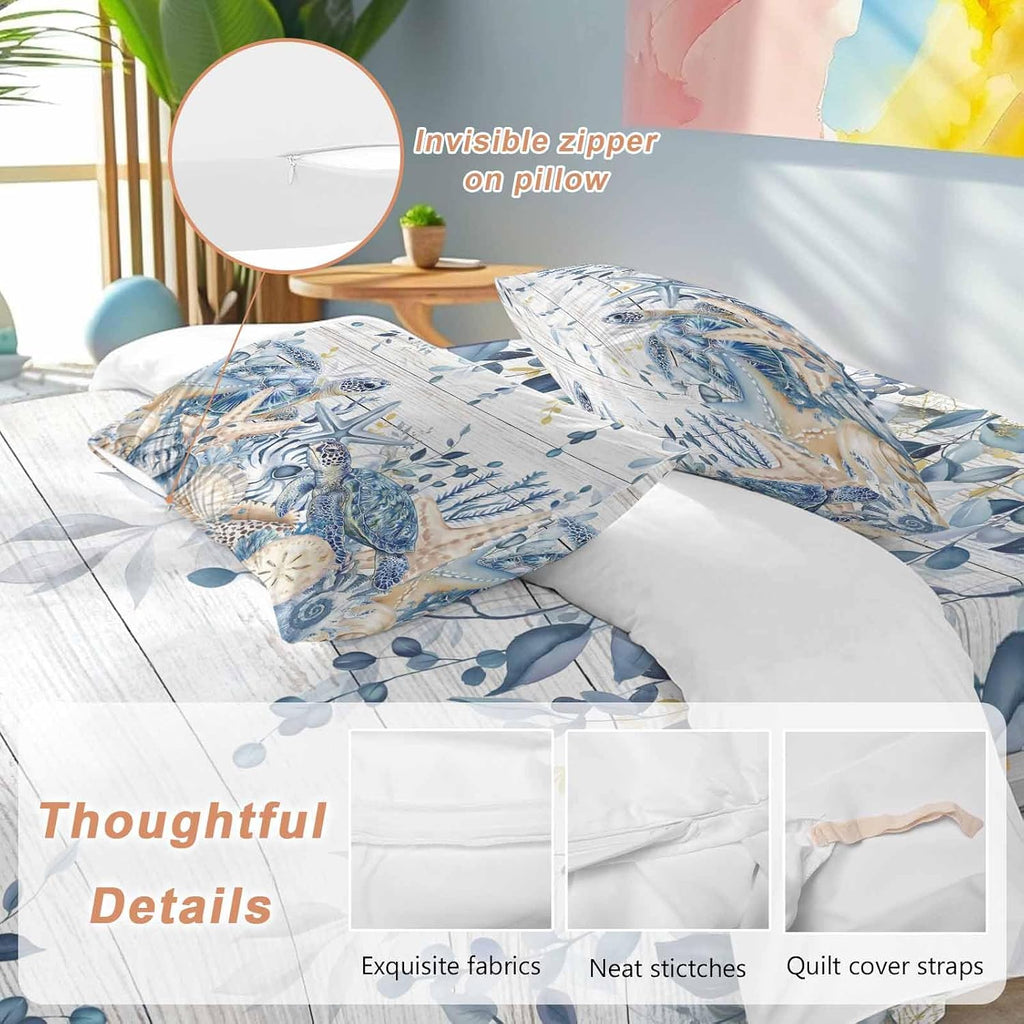 Prime Leader Ocean Turtle Duvet Cover Set Queen Size 4 Pieces Retro Sea Stars Shells Blue Leaf Wood Grain Bedding Set with Zipper Closure, 1 Comforter Cover 90x92 Inches 1 Flat Sheet & 2 Pillow Cases