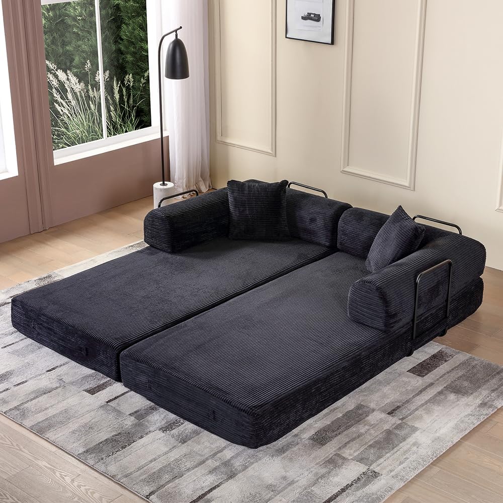 WILLIAMSPACE 77.9' Modern Loveseat Sofa Fold-Out Sofa Bed, Convertible Chair Floor Couch with Removable Backrest, Comfy Sofa Folding Mattress Couch Bed for Living Room, Bedroom, Corduroy, Black