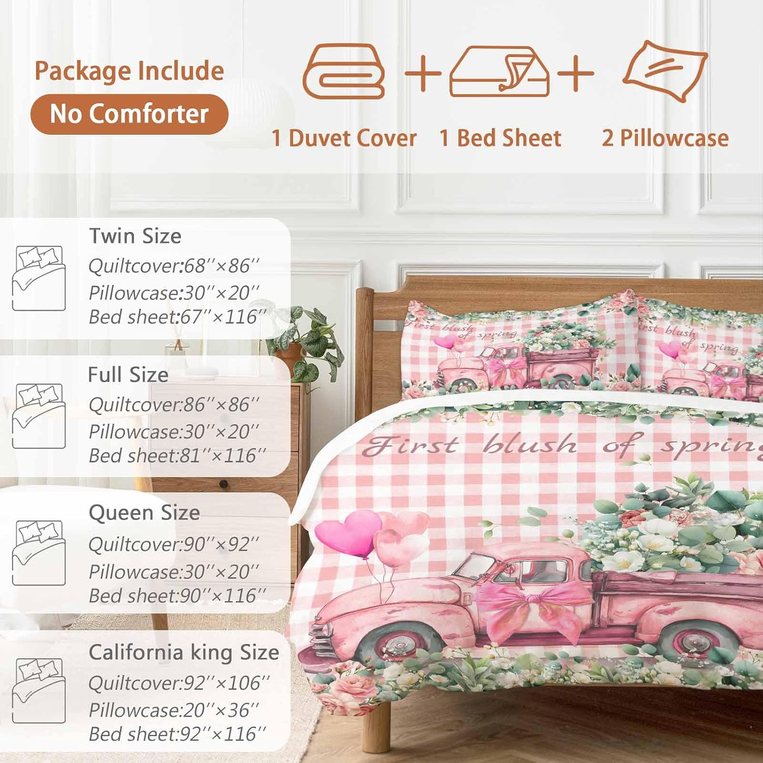 Prime Leader Pink Truck Flowers Duvet Cover Set Queen Size 4 Pieces Spring Rose Green Leaf Pink Plaid Bedding Set with Zipper Closure, 1 Comforter Cover 90x92 Inches 1 Flat Sheet & 2 Pillow Cases