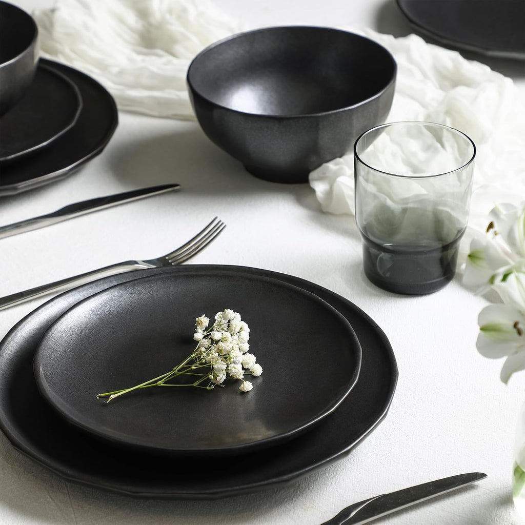Stone Lain Rio Stoneware 32 Piece Dinnerware Set, Plates and Bowls Sets, Black Dish Set for 8 with Fluted Colored Glass Cups, Microwave & Dishwasher Safe