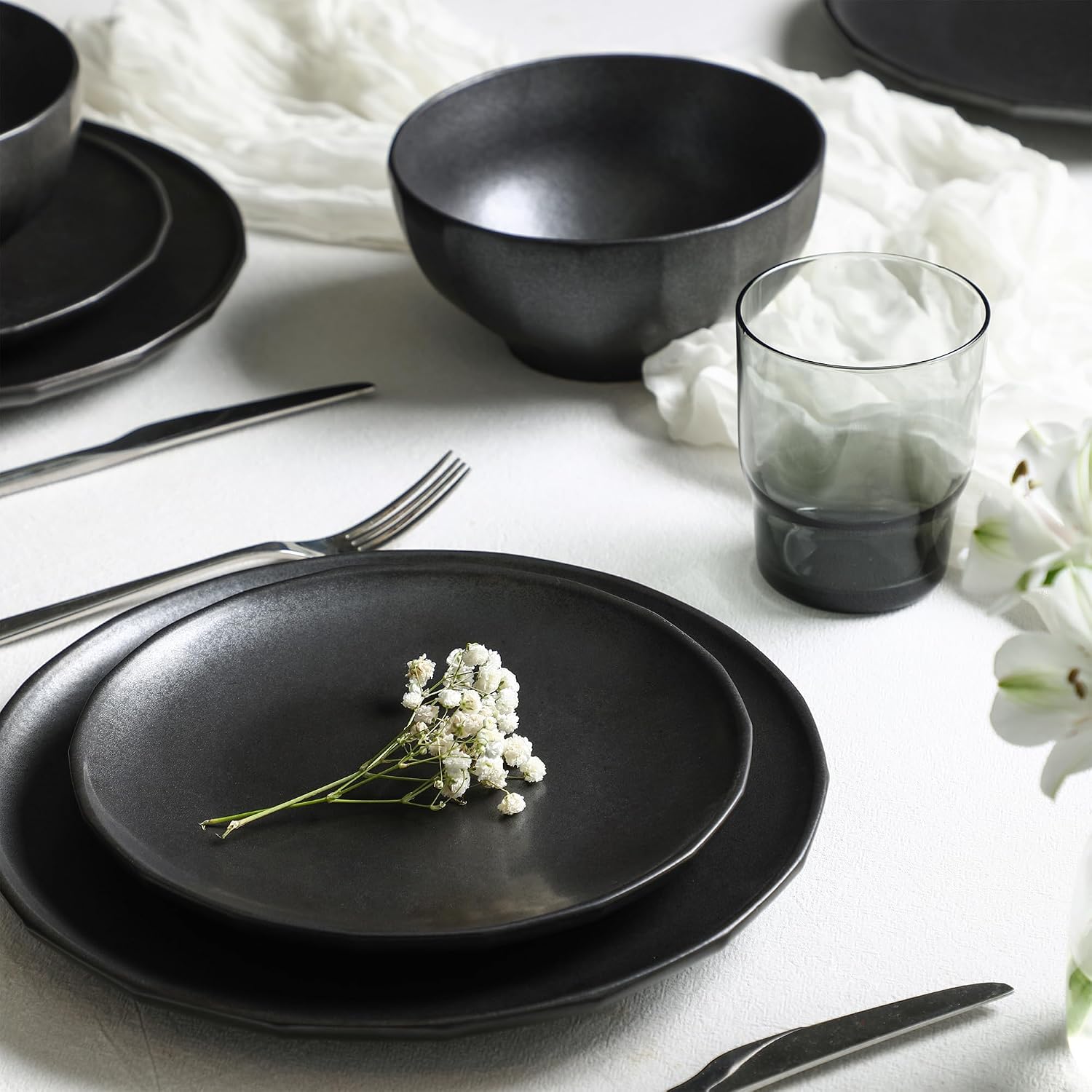 Stone Lain Rio Stoneware 32 Piece Dinnerware Set, Plates and Bowls Sets, Black Dish Set for 8 with Fluted Colored Glass Cups, Microwave & Dishwasher Safe