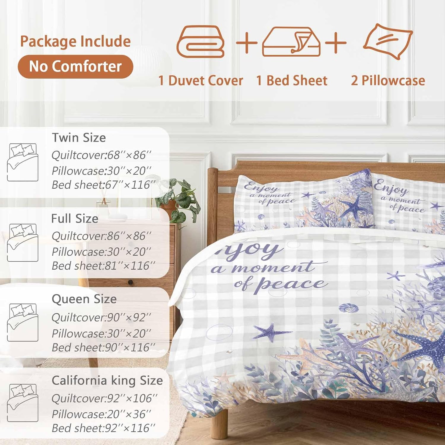 Purple Ocean Duvet Cover Set Queen Size 4 Pieces Enjoy A Moment of Peace Beach Starfish Shell Gray Plaid Bedding Set with Zipper Closure, 1 Comforter Cover 90x92 Inches 1 Flat Sheet & 2 Pillow Cases