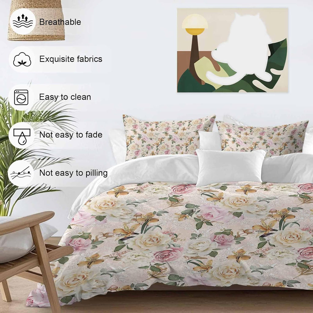Prime Leader Floral Spring Duvet Cover Set Queen Size 4 Pieces Flower Retro Texture Bedding Set with Zipper Closure, 1 Comforter Cover 86x86 Inches 1 Flat Sheet & 2 Pillow Cases
