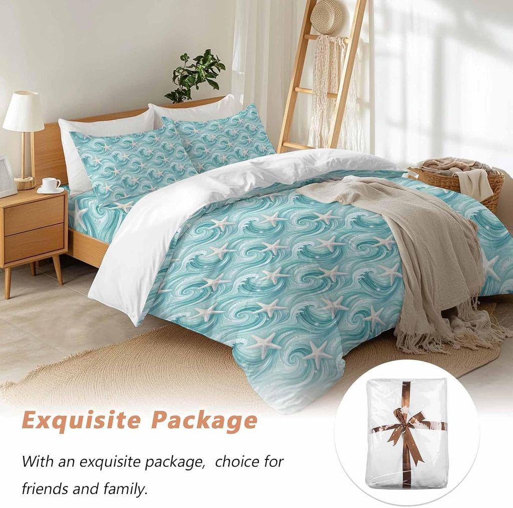 Teal Ocean Starfish Duvet Cover Set Queen Size 4 Pieces Nautical Coastal Watercolor Sea Waves Starfish Bedding Set with Zipper Closure, 1 Comforter Cover 92x106 Inches 1 Flat Sheet & 2 Pillow Cases
