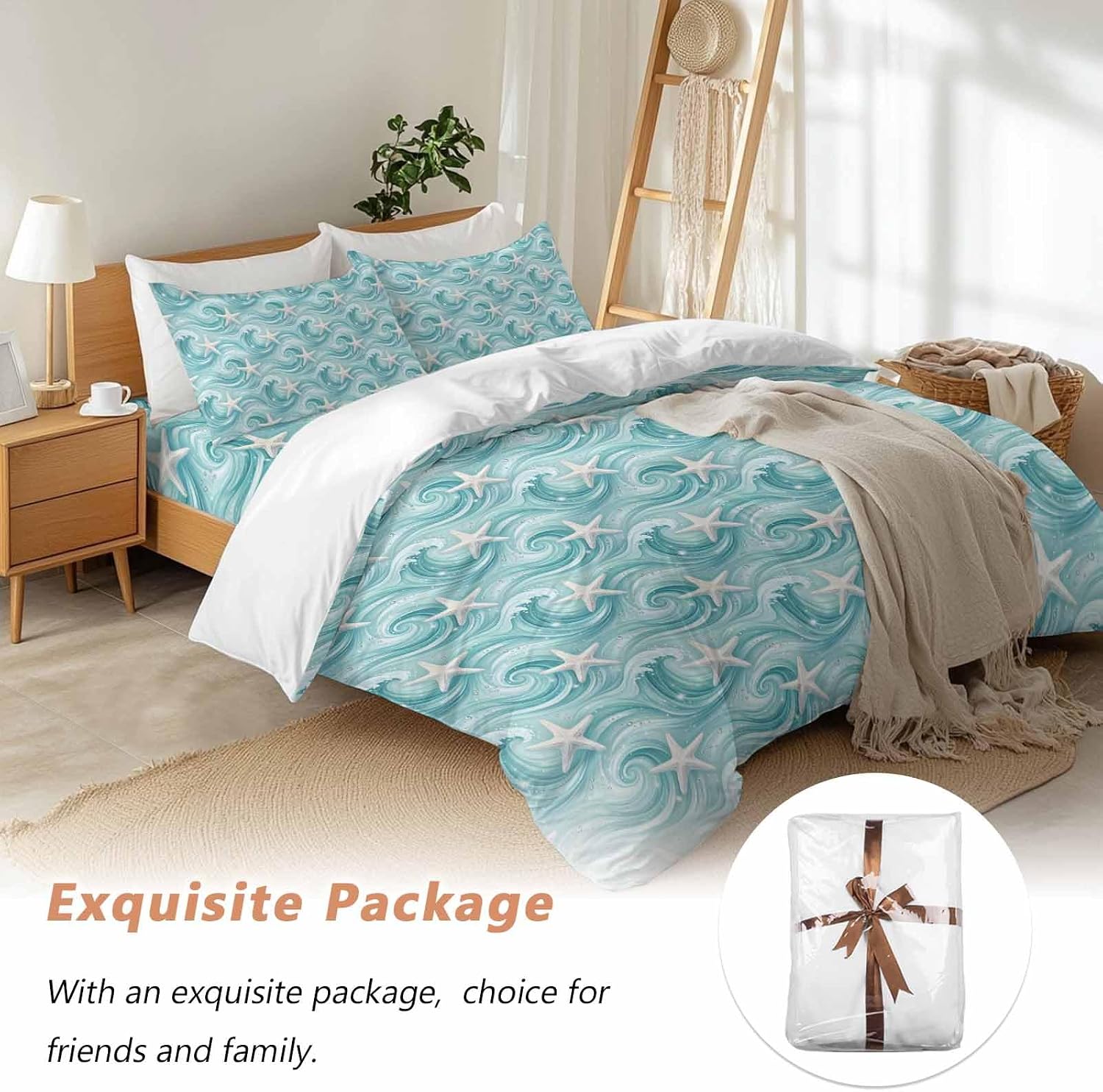 Teal Ocean Starfish Duvet Cover Set Queen Size 4 Pieces Nautical Coastal Watercolor Sea Waves Starfish Bedding Set with Zipper Closure, 1 Comforter Cover 92x106 Inches 1 Flat Sheet & 2 Pillow Cases