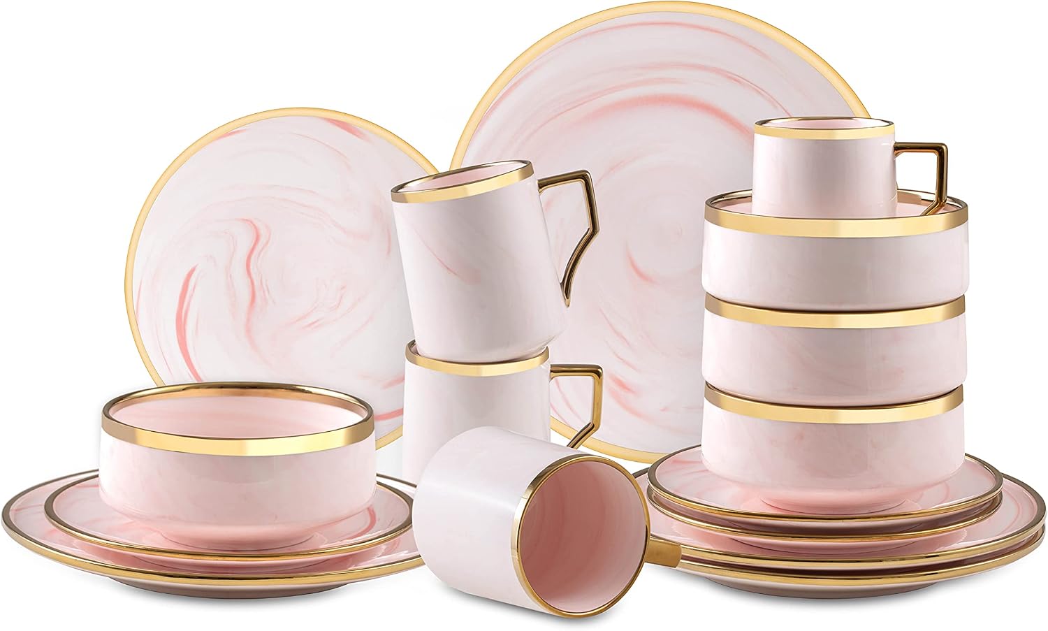 16 Piece Plates and Bowls Sets, Fine China Artisan Marbled Dinner Set for 4, Dishwasher Safe, Scratch Resistant, Pink with Gold Line