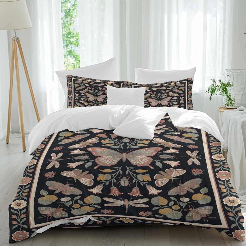 Retro Theme Duvet Cover Set Queen Size 4 Pieces Butterfly Dragonfly Plants Flowers Leaves Black Bedding Set with Zipper Closure, 1 Comforter Cover 90x92 Inches 1 Flat Sheet & 2 Pillow Cases