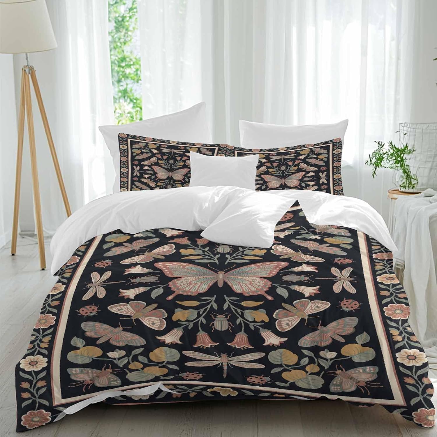 Retro Theme Duvet Cover Set Queen Size 4 Pieces Butterfly Dragonfly Plants Flowers Leaves Black Bedding Set with Zipper Closure, 1 Comforter Cover 90x92 Inches 1 Flat Sheet & 2 Pillow Cases