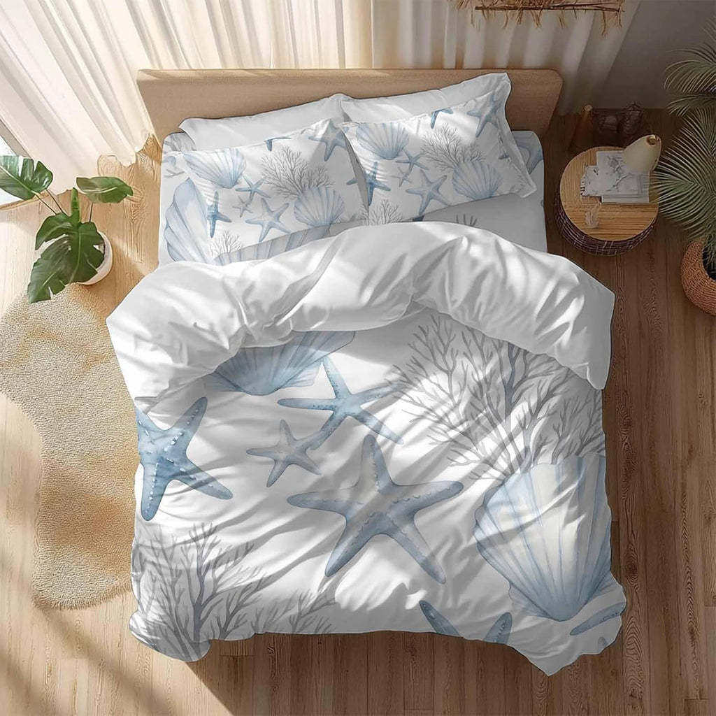 Summer Ocean Shell Duvet Cover Set Queen Size 4 Pieces Nautical Watercolor Blue Starfish Seashell Coral Bedding Set with Zipper Closure, 1 Comforter Cover 86x86 Inches 1 Flat Sheet & 2 Pillow Cases