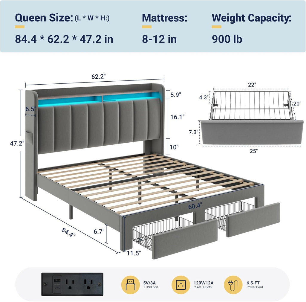 Allewie Velvet Vertical Tufted Queen Upholstered Platform Bed Frame with 2-Tier LED Storage Headboard & 2 Storage Drawers, USB & Type-C Charging Ports, Noise-Free/No Box Spring Needed, Grey