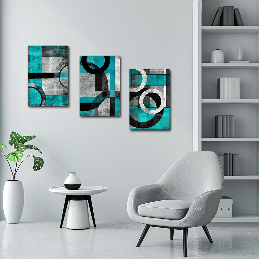SWQYLB Teal Abstract Wall Art Blue and Gray Canvas Print 3 Pieces Abstract Geometric Circle Black Gray Painting for Home Office Decor Framed (Teal, 24.00' x 36.00' x 3PCS)