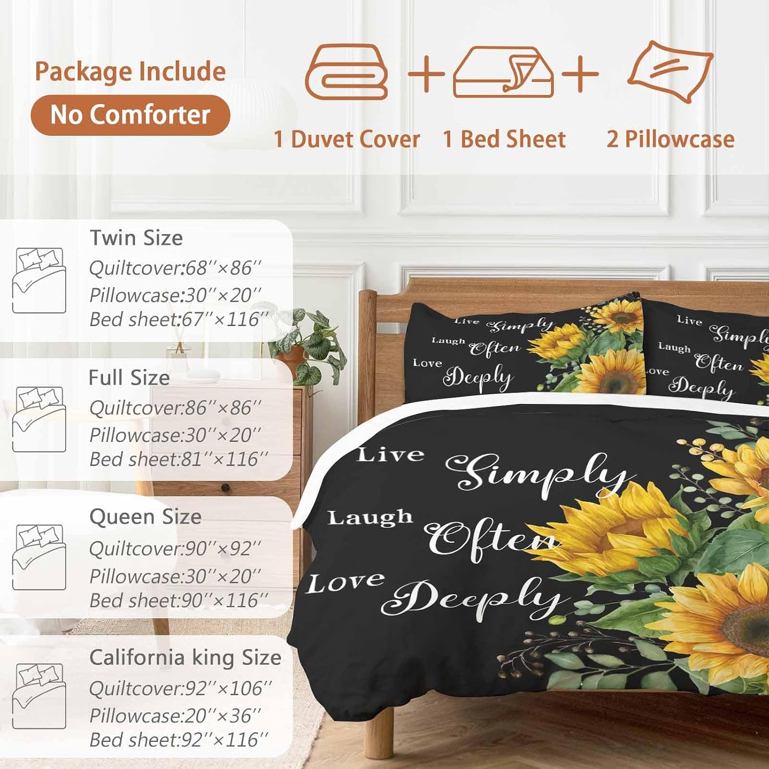 Prime Leader Sunflower Duvet Cover Set Queen Size 4 Pieces Live Simply Laugh Often Love Deeply Black Bedding Set with Zipper Closure, 1 Comforter Cover 90x92 Inches 1 Flat Sheet & 2 Pillow Cases