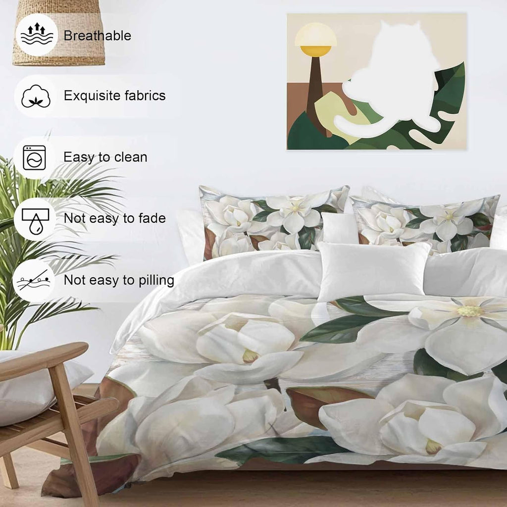 White Floral Duvet Cover Set Queen Size 4 Pieces Spring White Magnolia Vintage Plants Farmhouse Rustic Bedding Set with Zipper Closure, 1 Comforter Cover 90x92 Inches 1 Flat Sheet & 2 Pillow Cases