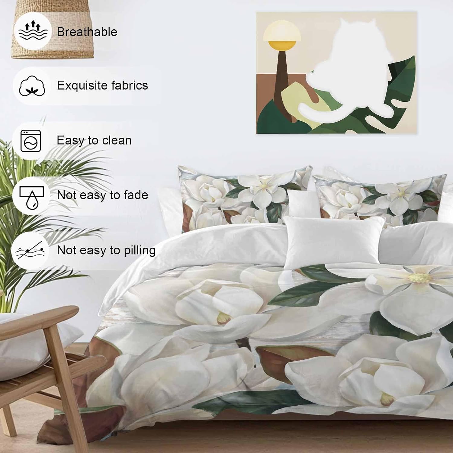 White Floral Duvet Cover Set Queen Size 4 Pieces Spring White Magnolia Vintage Plants Farmhouse Rustic Bedding Set with Zipper Closure, 1 Comforter Cover 90x92 Inches 1 Flat Sheet & 2 Pillow Cases