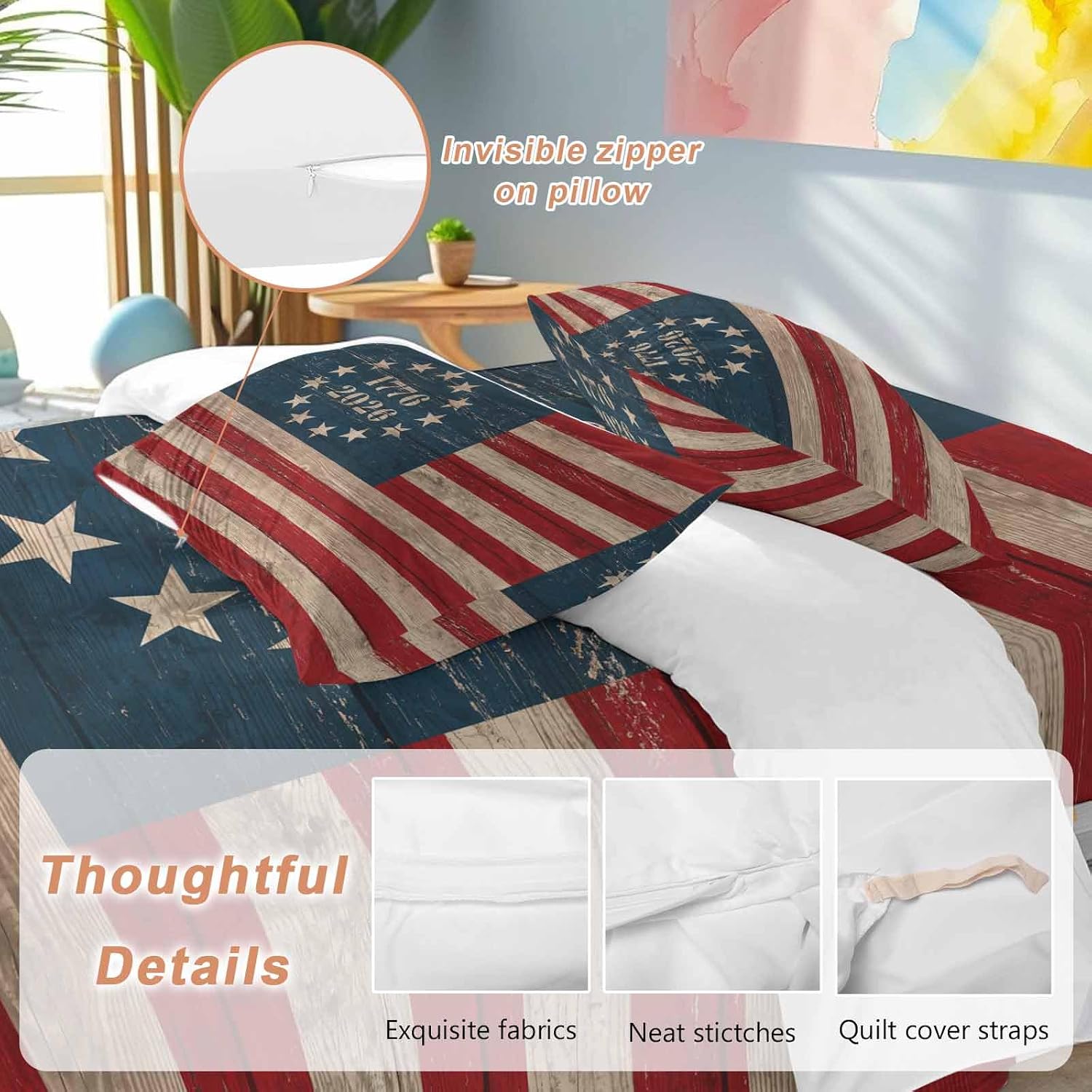 Independence Day Duvet Cover Set Queen Size 4 Pieces Retro American Flag Patriotic Red Blue Stripe Star Bedding Set with Zipper Closure, 1 Comforter Cover 90x92 Inches 1 Flat Sheet & 2 Pillow Cases