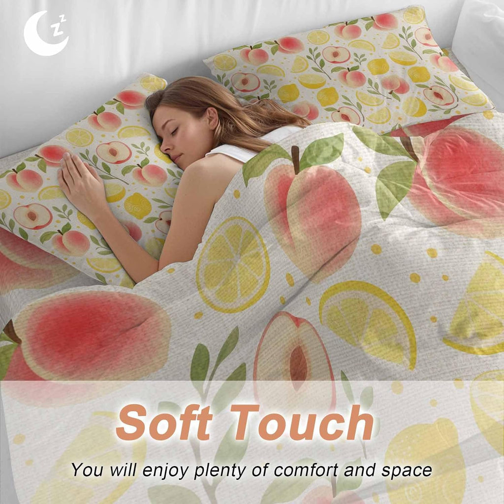 Prime Leader Fruit Leaves Duvet Cover Set Queen Size 4 Pieces Pink Peaches Yellow Lemons Vintage Linen Bedding Set with Zipper Closure, 1 Comforter Cover 90x92 Inches 1 Flat Sheet & 2 Pillow Cases