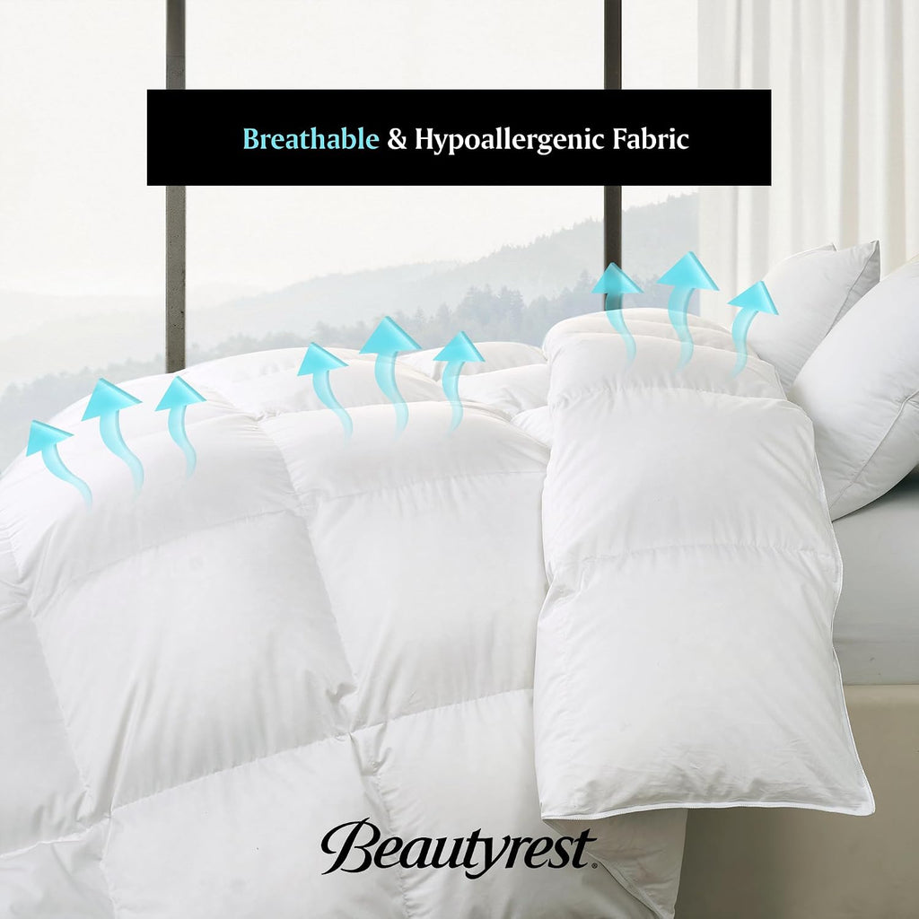 Beautyrest Goose Down Fiber Comforters Queen Size, Extra Warmth 100% Cotton Fabric Hotel Collection Luxury White Duvet Insert, Breathable Bedding Comforters for Winter and Cold Weather, 90x90 Inch