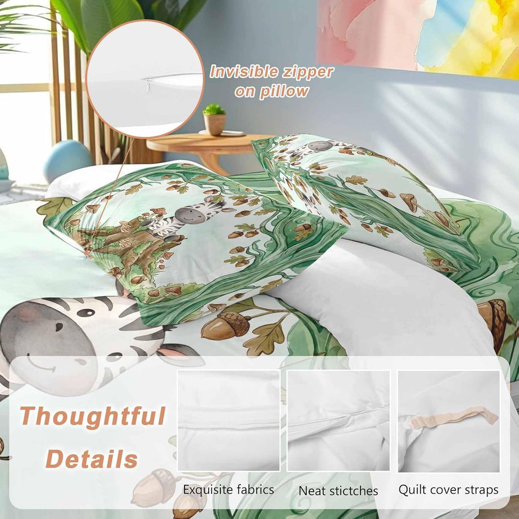 Cartoon Small Zebra Duvet Cover Set Queen Size 4 Pieces Watercolor Forest Animal Acorn Green Tree Bedding Set with Zipper Closure, 1 Comforter Cover 86x86 Inches 1 Flat Sheet & 2 Pillow Cases