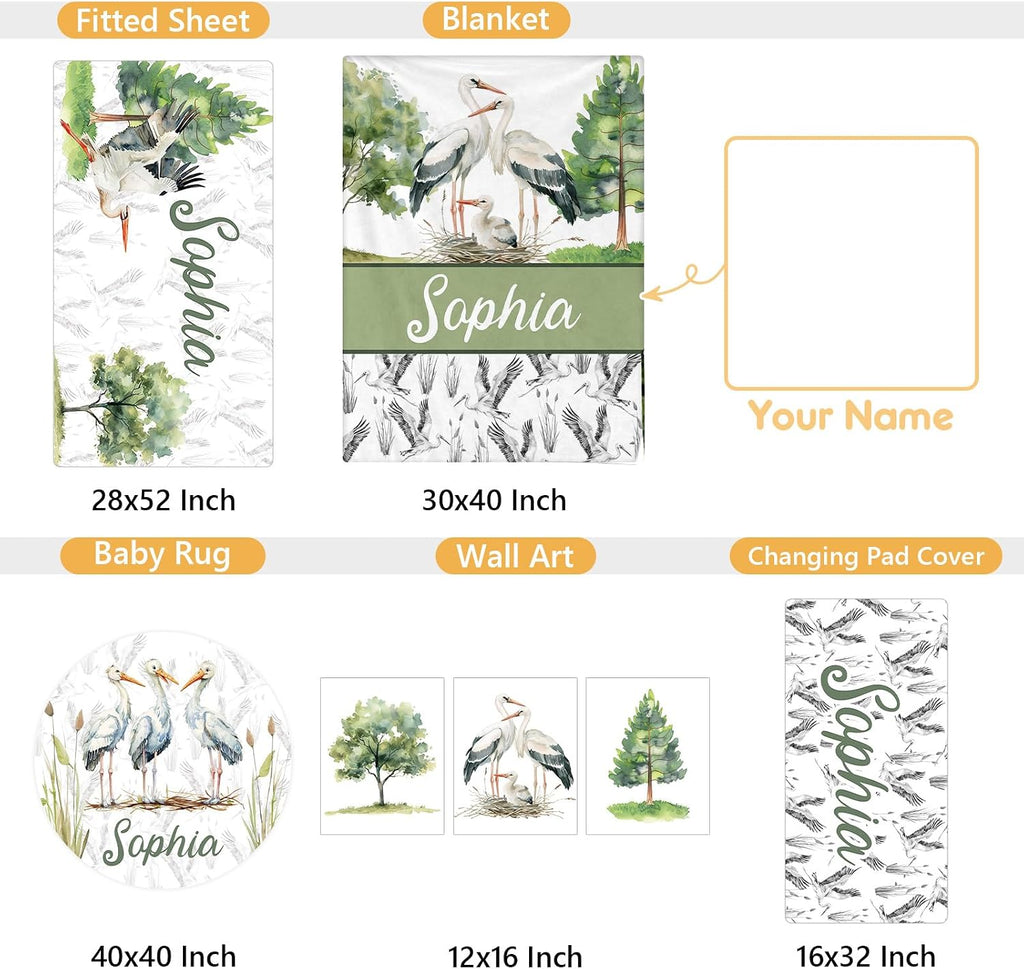 Terwex Custom Baby Crib Bedding Set, 5 Pcs Personalized Name Baby Crib Sets for Infant Toddler, Green Crane Nursery Bedding Set for Boy Girl, Double Layer Flannel Baby Bedding Sets Customized Gifts