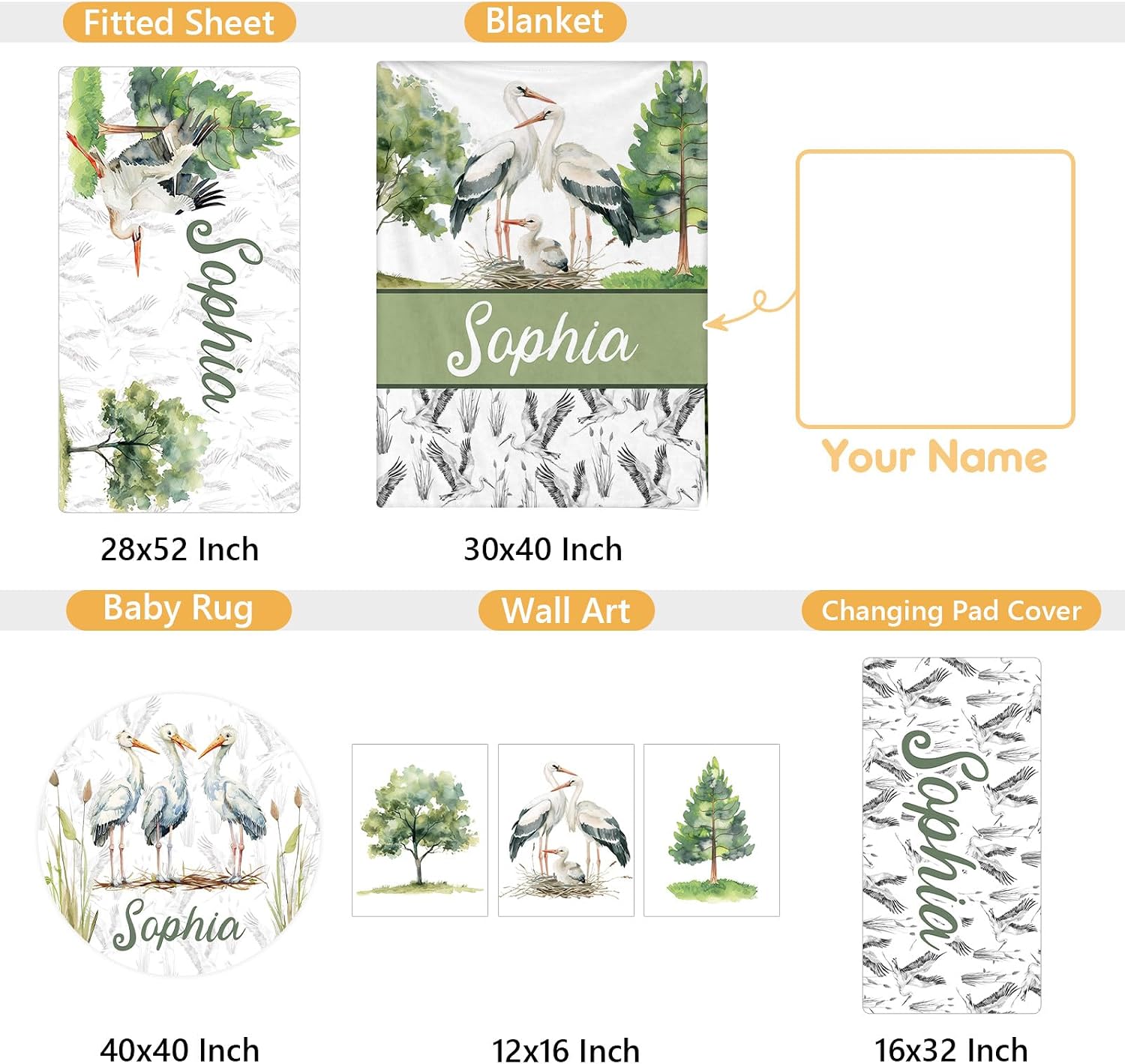 Terwex Custom Baby Crib Bedding Set, 5 Pcs Personalized Name Baby Crib Sets for Infant Toddler, Green Crane Nursery Bedding Set for Boy Girl, Double Layer Flannel Baby Bedding Sets Customized Gifts