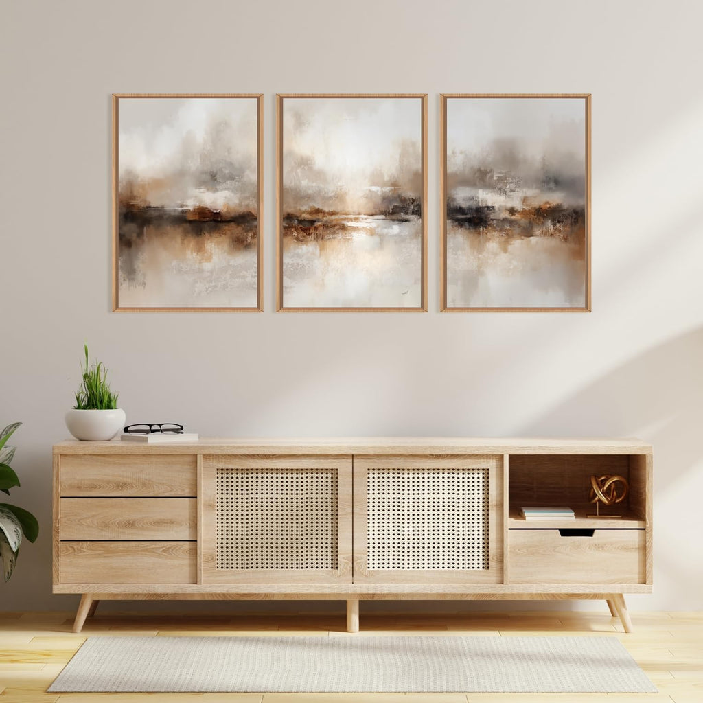 Large Abstract Brown Pastel Framed Canvas Wall Art,Neutral Black Gray Wall Decor,Modern Brush Stroke Painting,Minimalist Textured Artwork for Living Room,Bedroom,Dining Room,Office -24'x36'x3