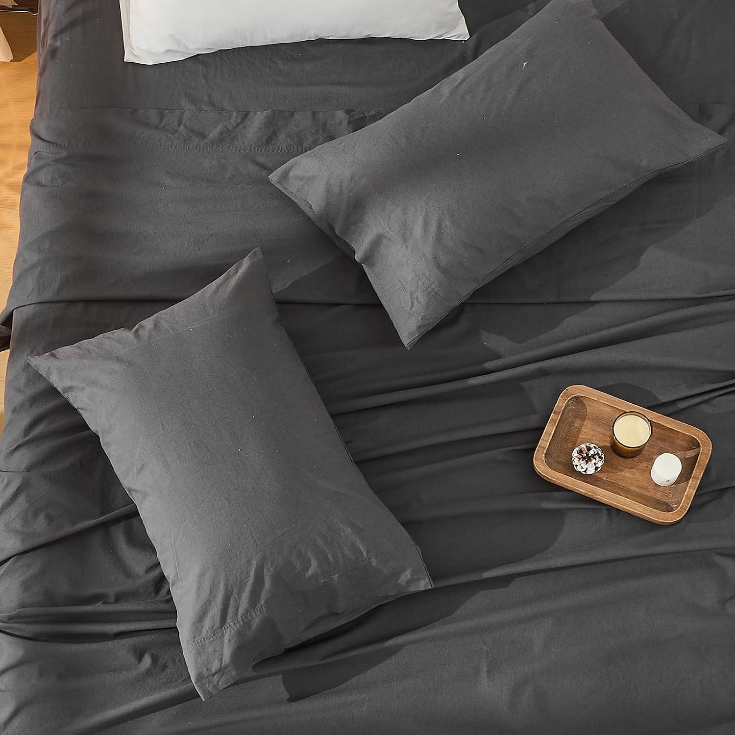 Bedlifes 100% French Linen Sheets California King Size 18-24' Extra Deep Pocket 4-Piece Set Breathable & Moisture-Wicking,Soft & Durable Sheets for Thick Mattresses(Dark Grey)