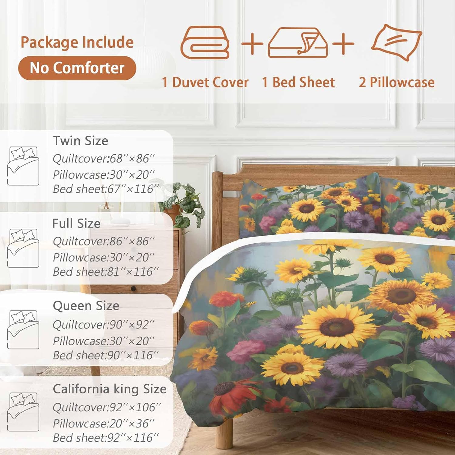 Spring Florals Duvet Cover Set Queen Size 4 Pieces Watercolor Sunflowers Country Green Leaves Bedding Set with Zipper Closure, 1 Comforter Cover 90x92 Inches 1 Flat Sheet & 2 Pillow Cases