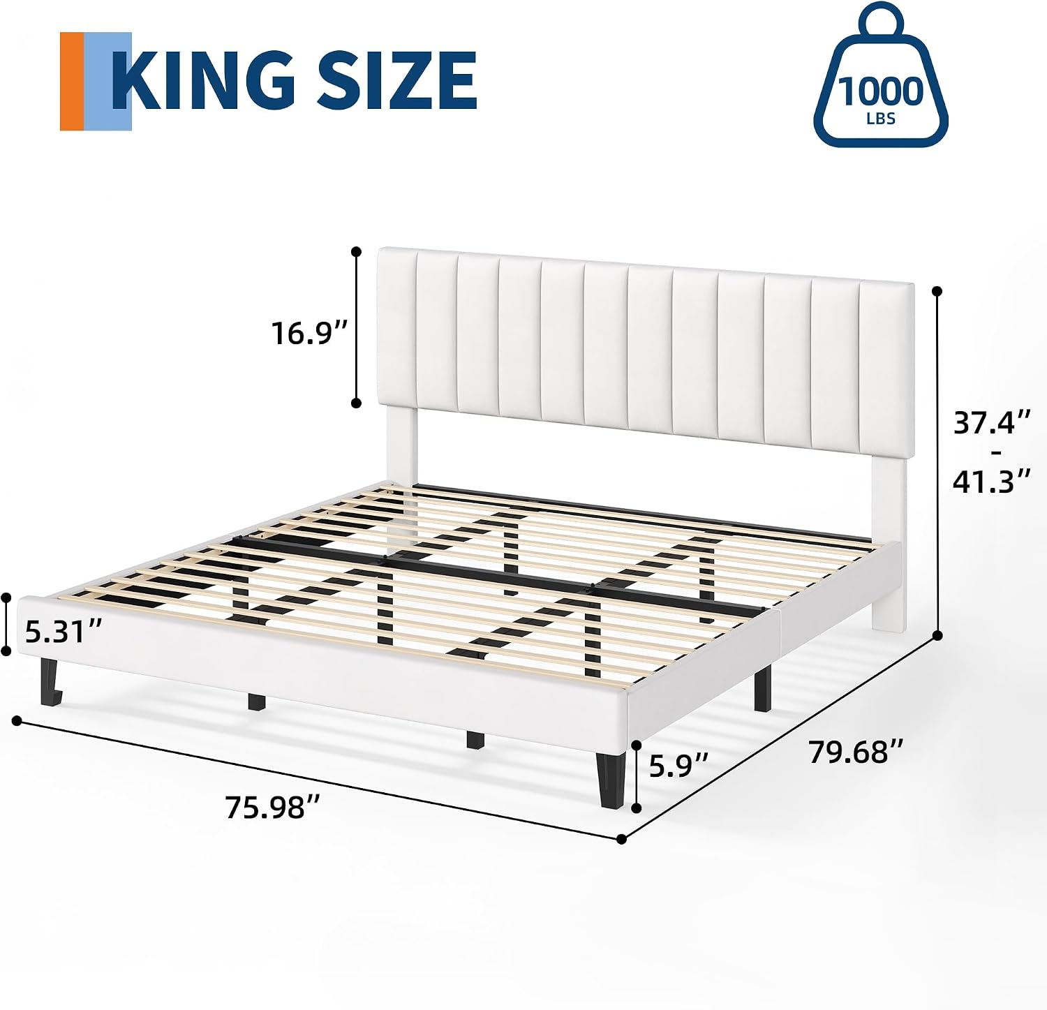 IDEALHOUSE King Size Bed Frame, Velvet Upholstered Platform Bed with Adjustable Vertical Channel Tufted Headboard, No Box Spring Needed, Easy Assembly, White