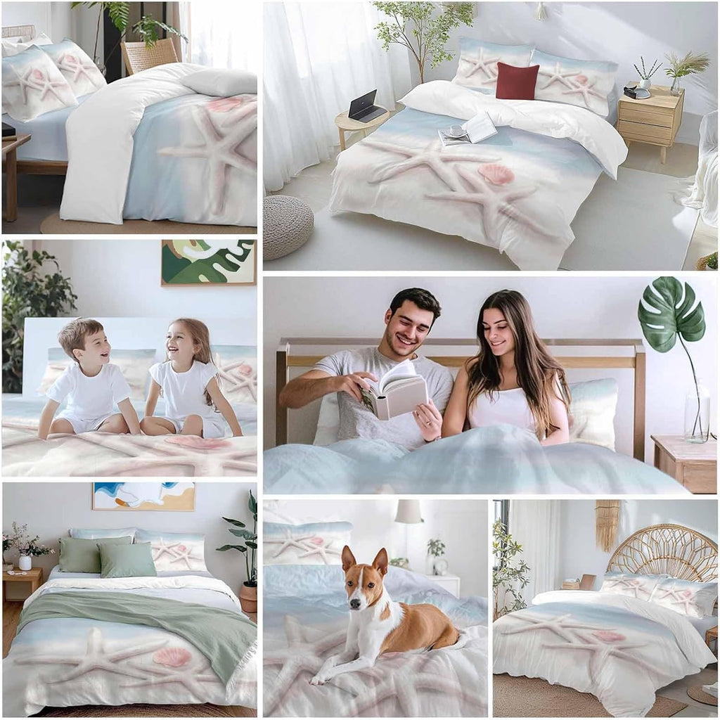 Prime Leader Starfish Shell Duvet Cover Set Queen Size 4 Pieces Summer Ocean Beach Coastal Bedding Set with Zipper Closure, 1 Comforter Cover 86x86 Inches 1 Flat Sheet & 2 Pillow Cases