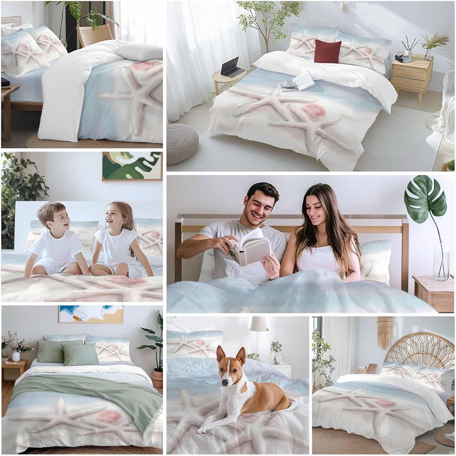 Prime Leader Starfish Shell Duvet Cover Set Queen Size 4 Pieces Summer Ocean Beach Coastal Bedding Set with Zipper Closure, 1 Comforter Cover 86x86 Inches 1 Flat Sheet & 2 Pillow Cases